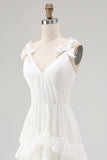 Ivory A Line High Low Tiered Ruffled Spaghetti Straps Boho Dress