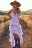 Ivory A Line High Low Tiered Ruffled Boho Dress