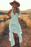 Ivory A Line High Low Tiered Ruffled Boho Dress