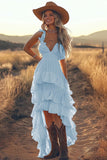 Ivory A Line High Low Tiered Ruffled Boho Dress