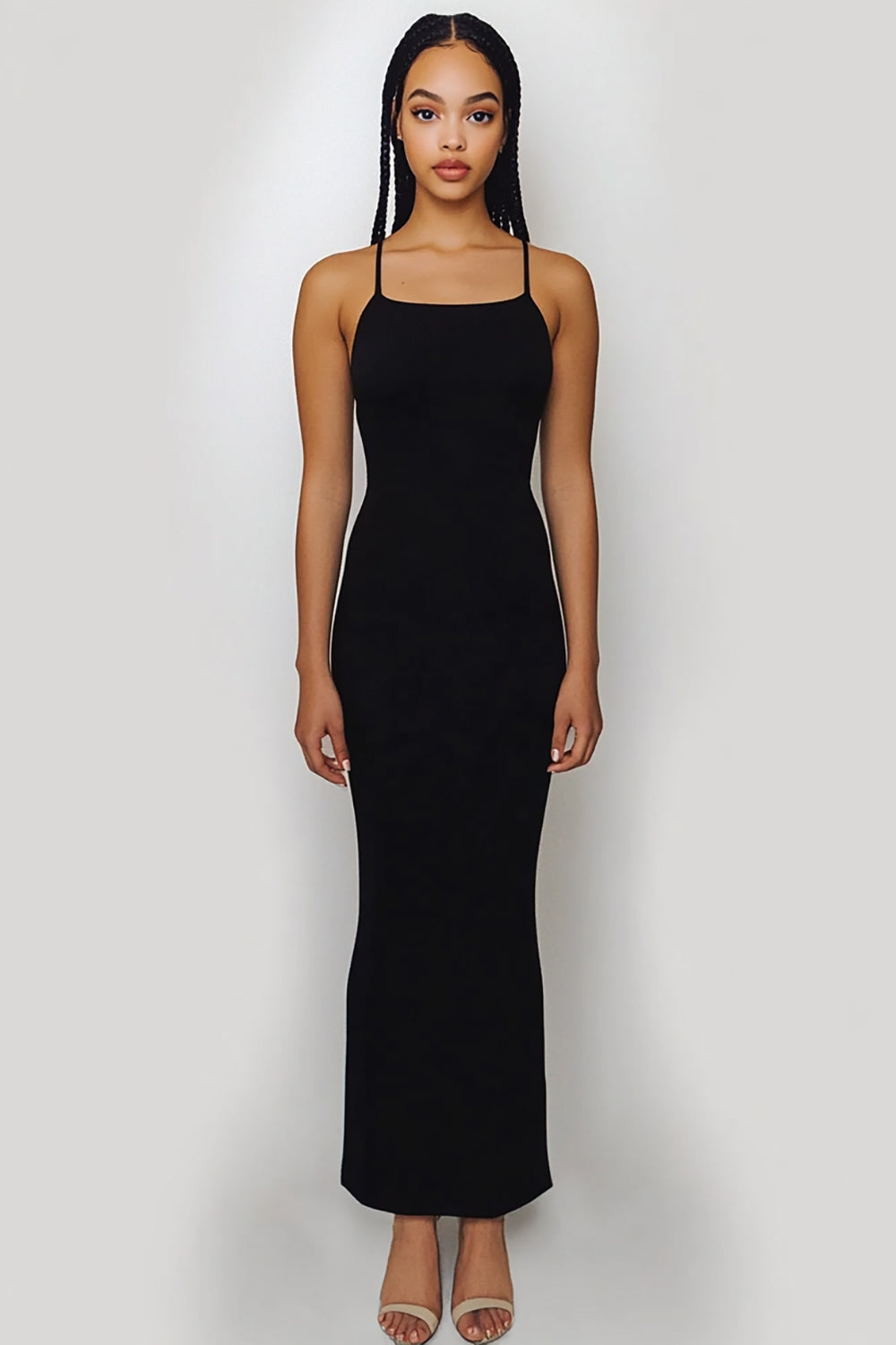 Black Spaghetti Straps Sheath Satin Long Formal Dress