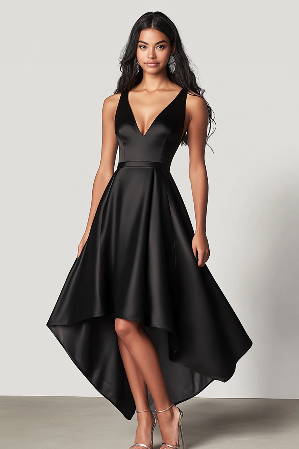 Black Satin A Line V Neck High-Low Long Formal Dress