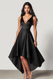 Black Satin A Line V Neck High-Low Long Formal Dress