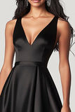 Black Satin A Line V Neck High-Low Long Formal Dress