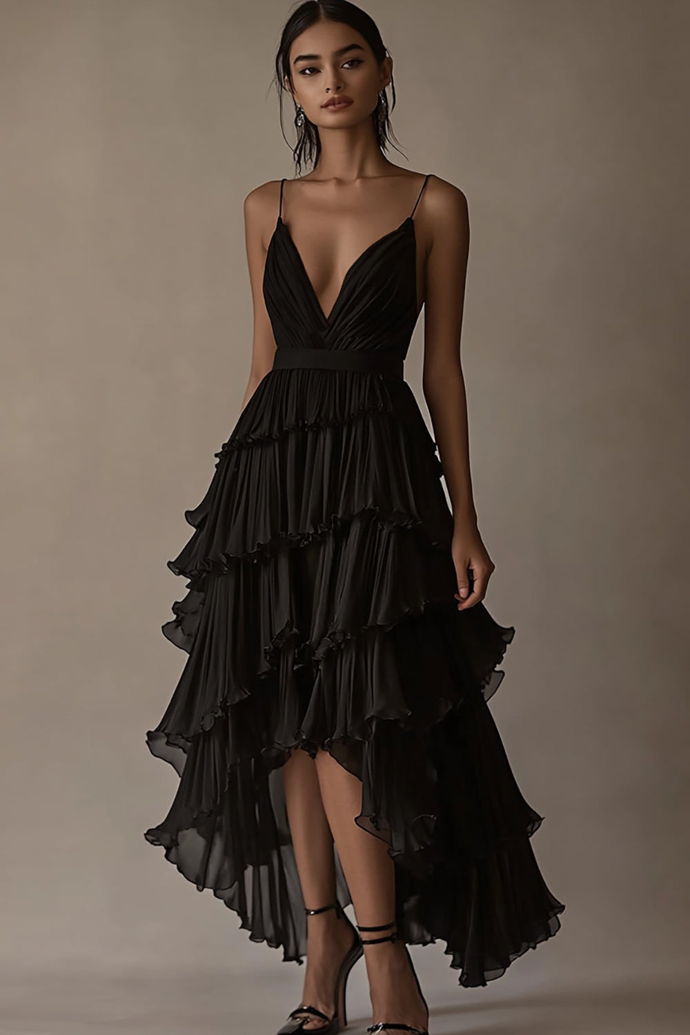 Black A Line Ruffled Deep V-Neck Tiered Long Formal Dress