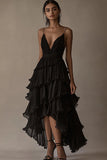Black A Line Ruffled Deep V-Neck Tiered Long Formal Dress