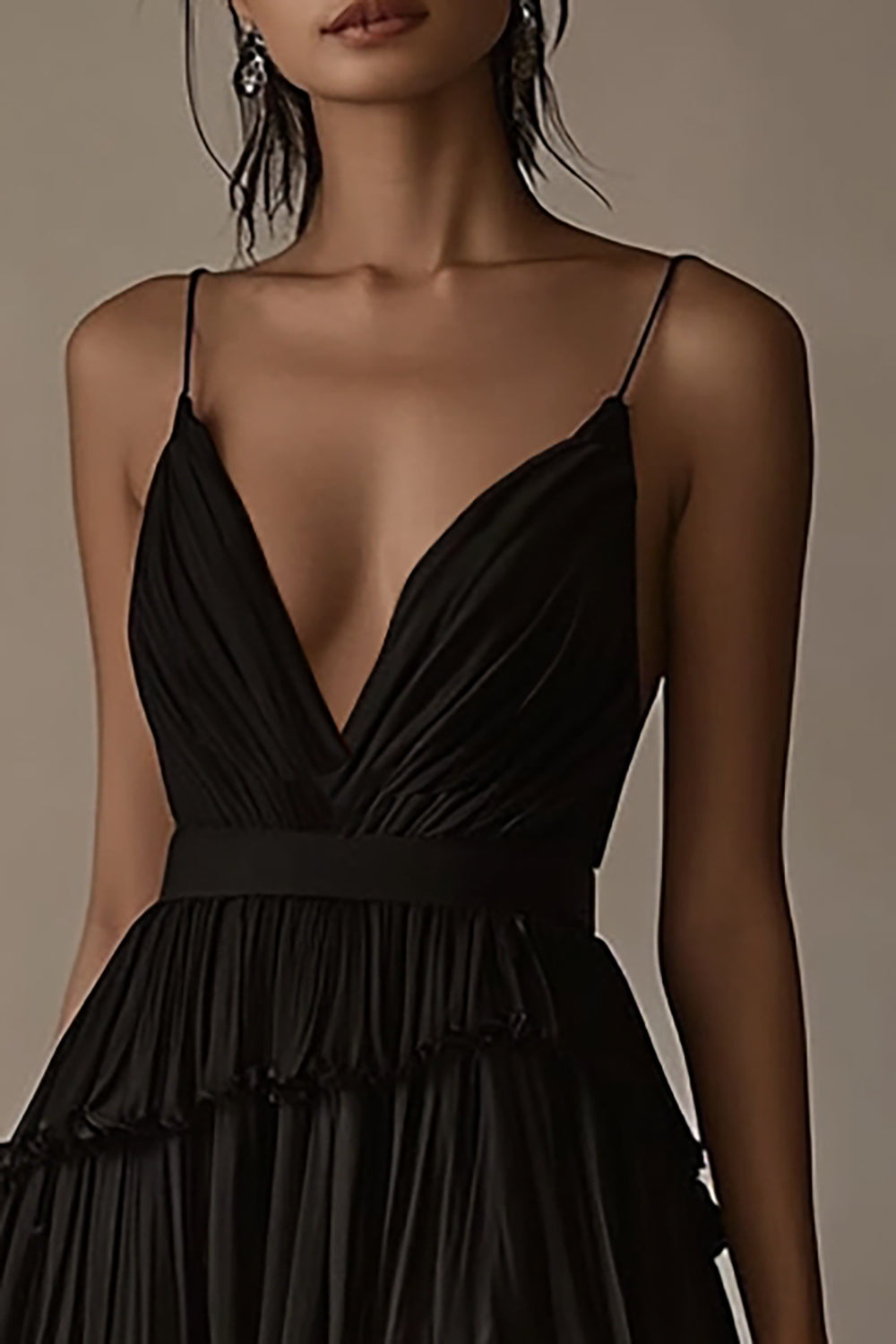 Black A Line Ruffled Deep V-Neck Tiered Long Formal Dress