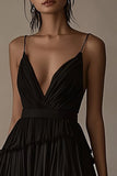 Black A Line Ruffled Deep V-Neck Tiered Long Formal Dress