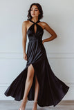 Black Satin Halter Neck A Line Long Formal Dress with Slit