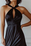 Black Satin Halter Neck A Line Long Formal Dress with Slit