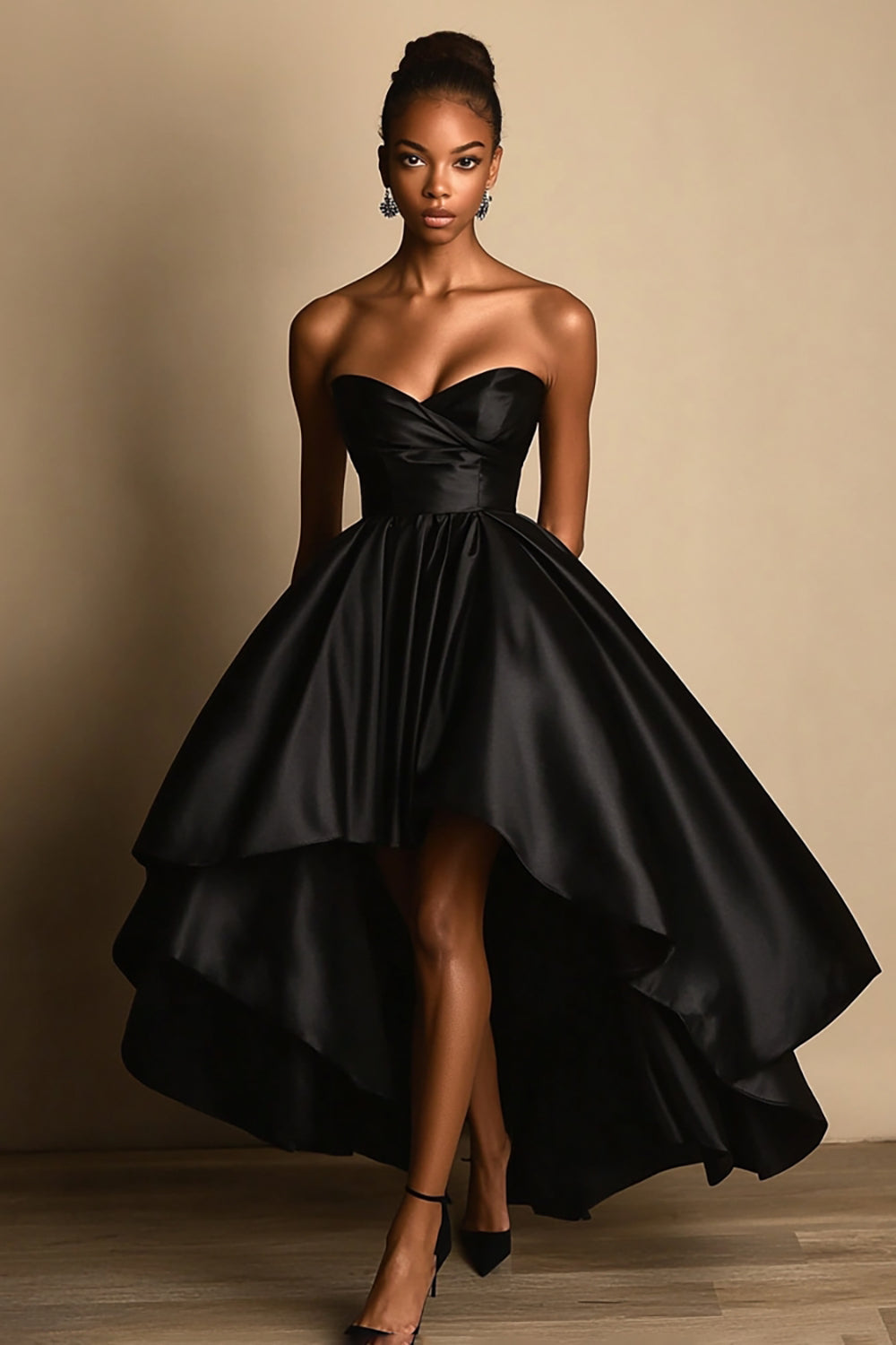 Black Ball Gown Sweetheart Satin High-Low Formal Dress