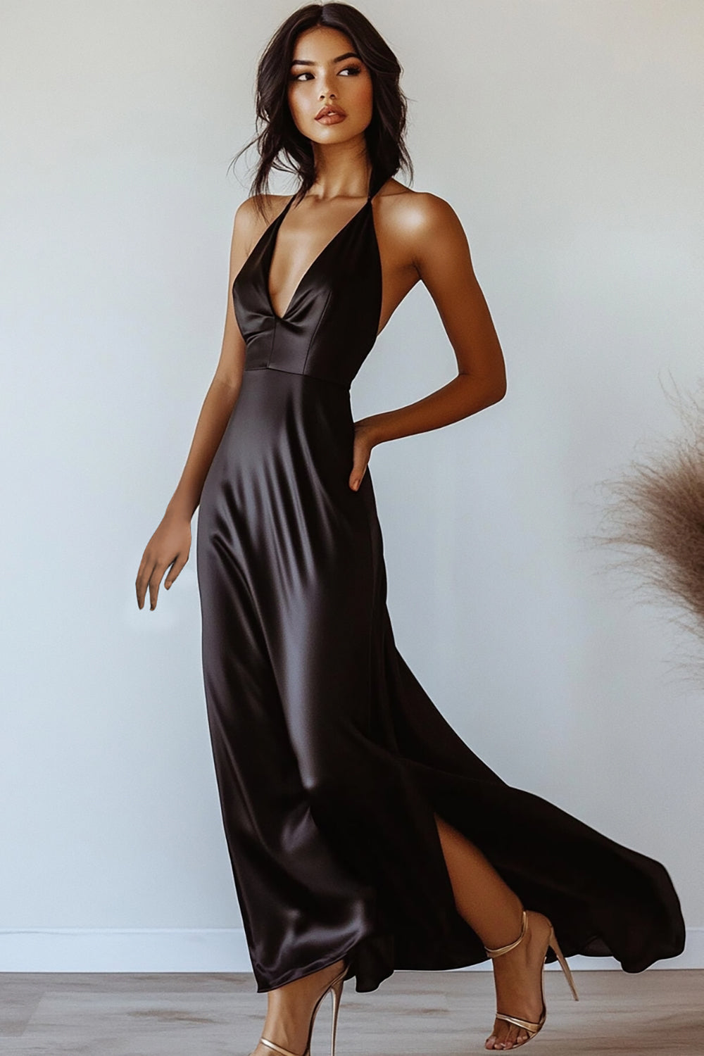 Black Satin A Line Halter Neck Long Formal Dress with Slit