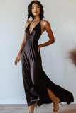 Black Satin A Line Halter Neck Long Formal Dress with Slit