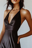 Black Satin A Line Halter Neck Long Formal Dress with Slit