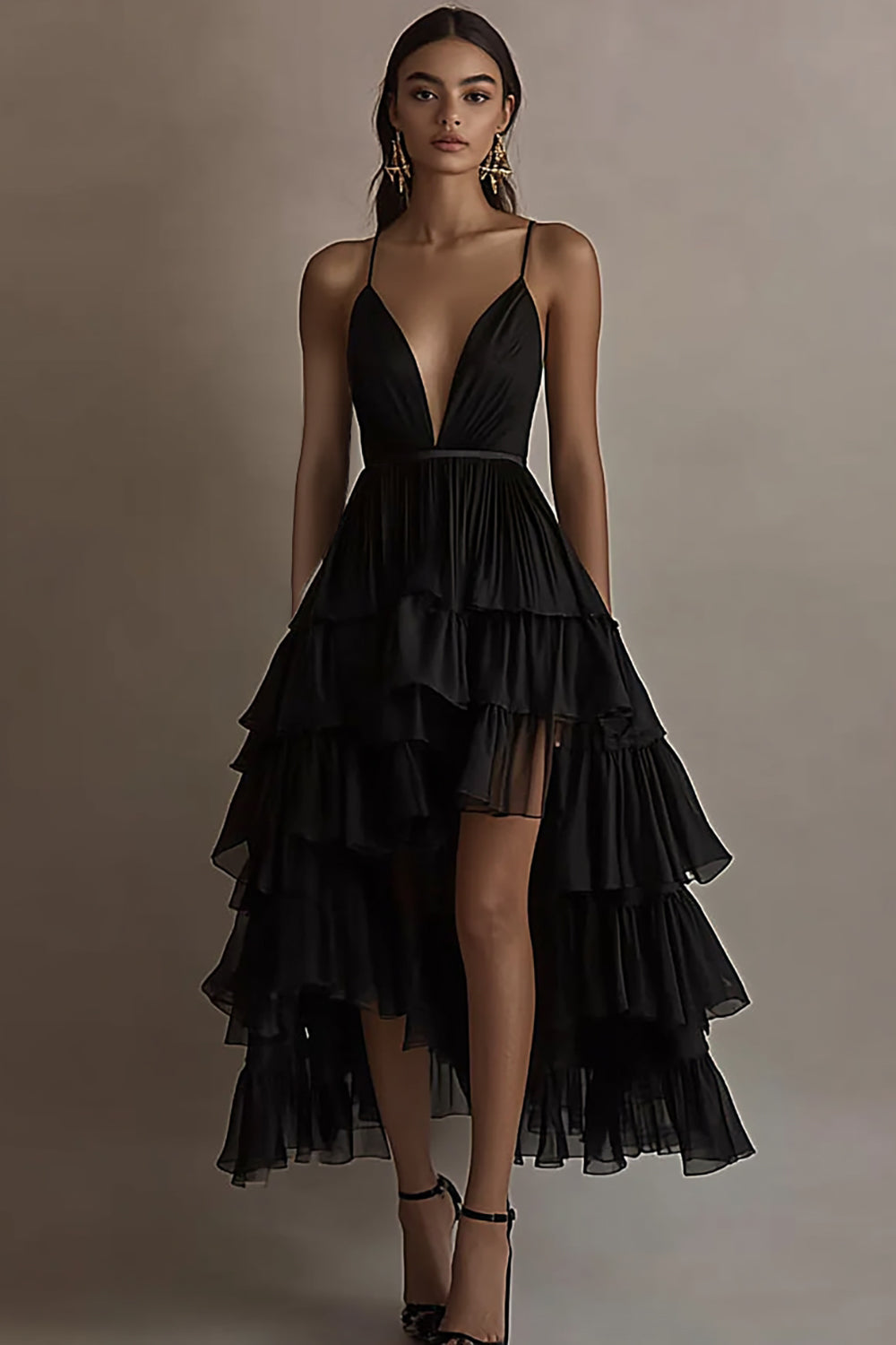 Black A Line Ruffled V-Neck Tiered High-Low Formal Dress