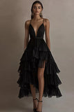 Black A Line Ruffled V-Neck Tiered High-Low Formal Dress
