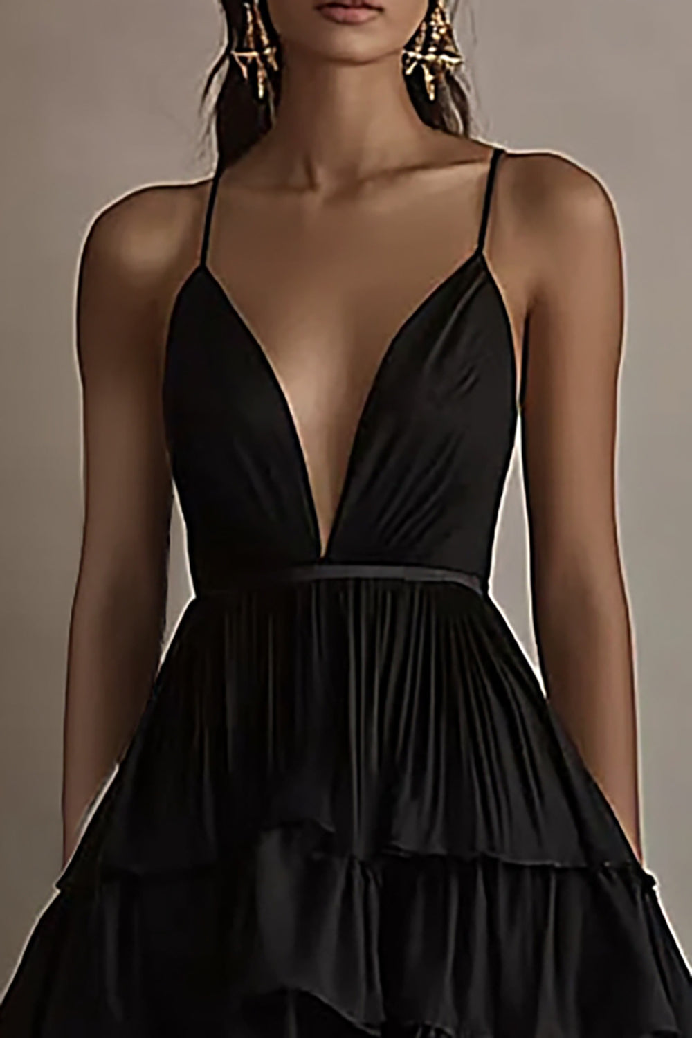 Black A Line Ruffled V-Neck Tiered High-Low Formal Dress