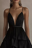 Black A Line Ruffled V-Neck Tiered High-Low Formal Dress