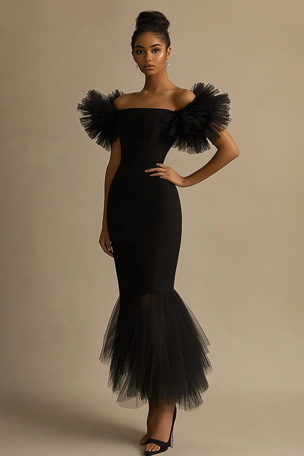 Black Off The Shoulder Satin Mermaid Ruffled Long Formal Dress