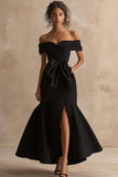 Black Satin Mermaid Long Formal Dress with Slit