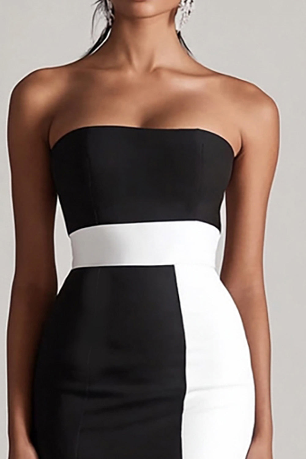 Black and White Satin Strapless Bodycon Short Cocktail Dress