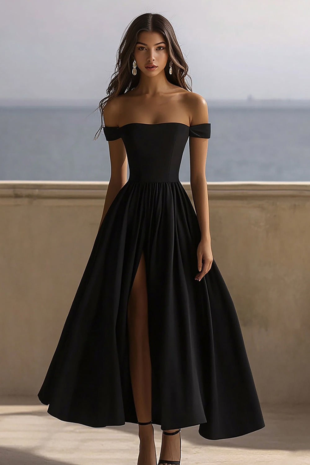 A Line Black Satin Off the Shoulder Long Formal Dress with Slit