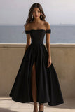 A Line Black Satin Off the Shoulder Long Formal Dress with Slit