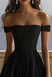 A Line Black Satin Off the Shoulder Long Formal Dress with Slit
