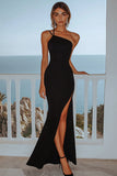 Black Satin Sheath One Shoulder Long Formal Dress with Slit