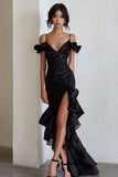 Black Cold Shoulder Ruffled Long Formal Dresswith Slit