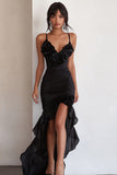 Black Satin Ruffled Spaghetti Straps High-Low Formal Dress