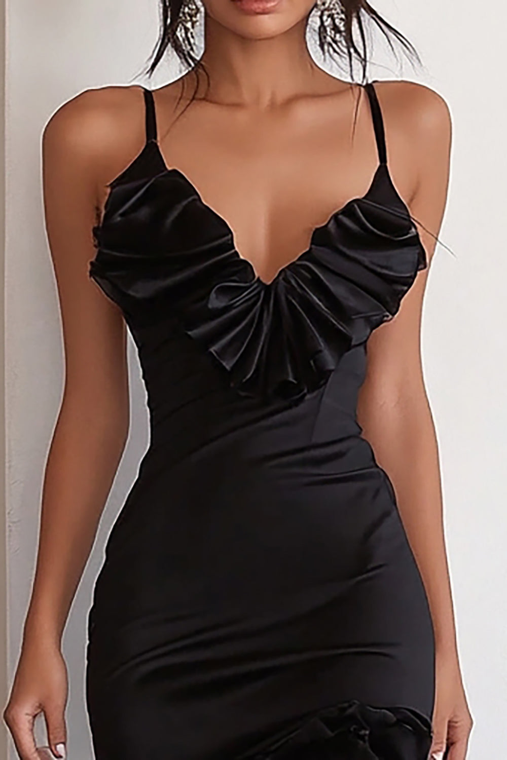 Black Satin Ruffled Spaghetti Straps High-Low Formal Dress