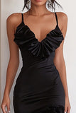 Black Satin Ruffled Spaghetti Straps High-Low Formal Dress