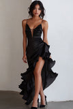 Black Spaghetti Straps Ruffled Long Cocktail Dress with Slit