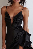 Black Spaghetti Straps Ruffled Long Cocktail Dress with Slit
