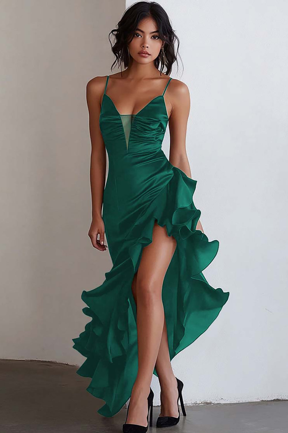 Black Spaghetti Straps Ruffled Long Cocktail Dress with Slit