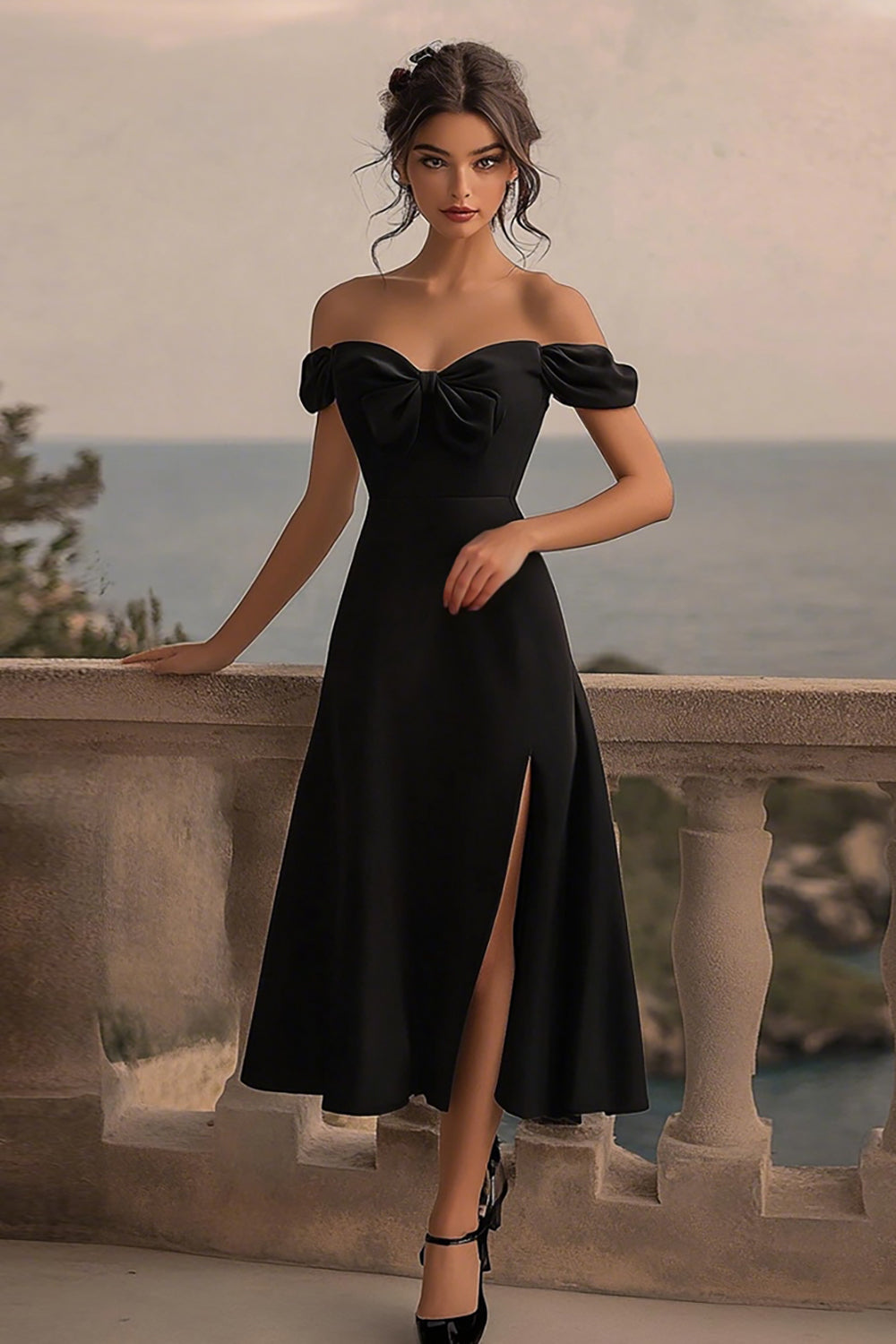Black A Line Satin Long Formal Dress with Slit