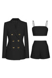 Black 3 Piece Peak Lapel Double Breasted Women Formal Suits