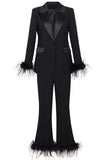 Fuchsia 2 Piece Peak Lapel  Women Formal Suits with Feather