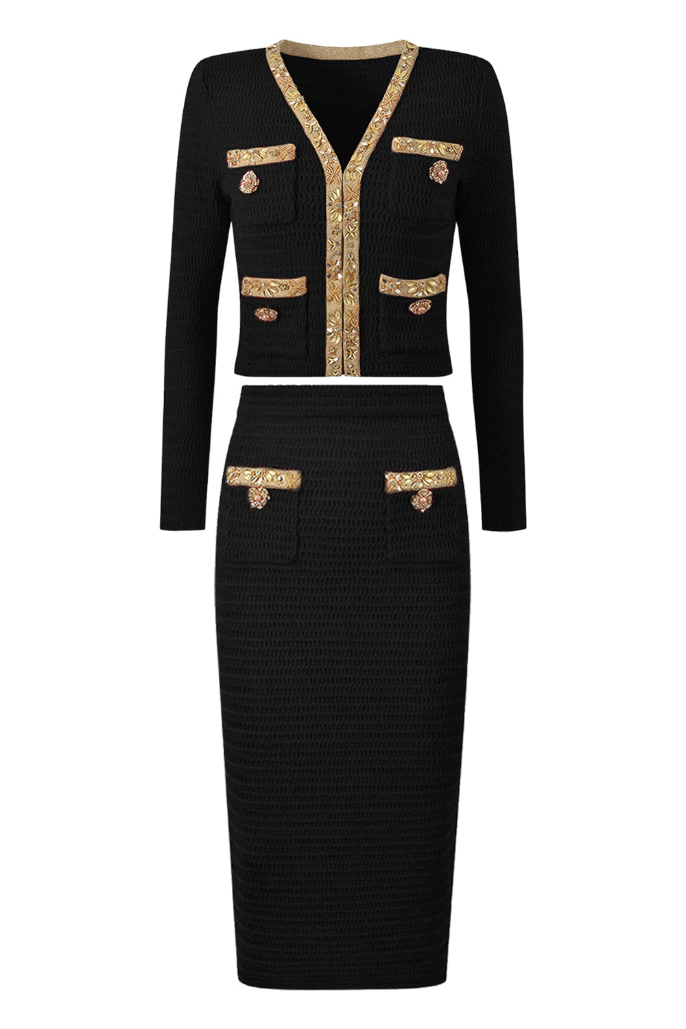 Black 2 Piece V Neck Women Suits with Rhinestones