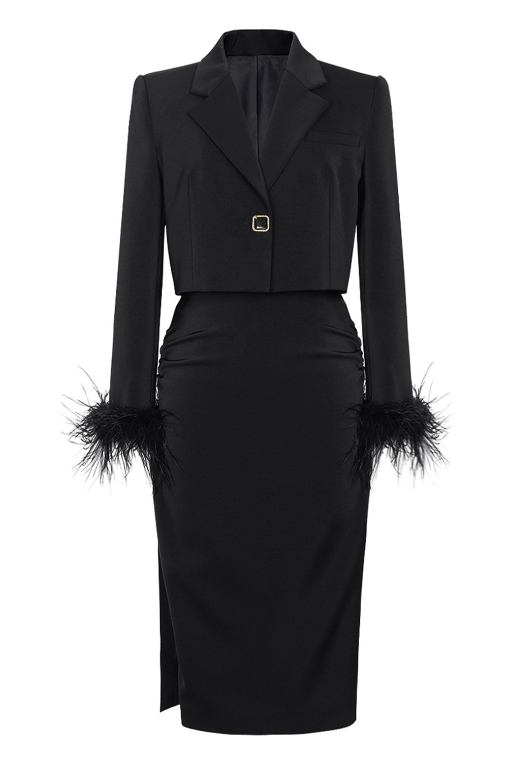 Black 2 Piece Notched Lapel Women Formal Suits with Feather