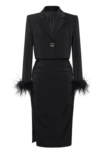 Black 2 Piece Notched Lapel Women Formal Suits with Feather