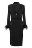 Black 2 Piece Notched Lapel Women Formal Suits with Feather