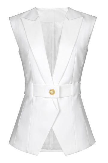 White Peak Lapel Sleeveless Satin Women Formal Blazer