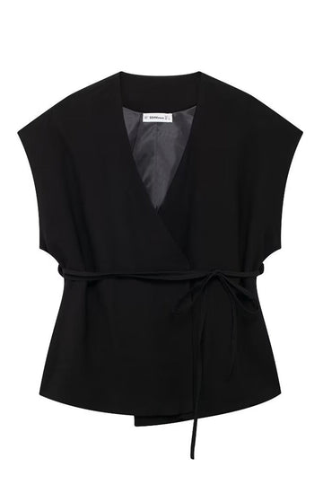 Black 2 Piece Sleeveless V Neck Women Formal Suits with Strings