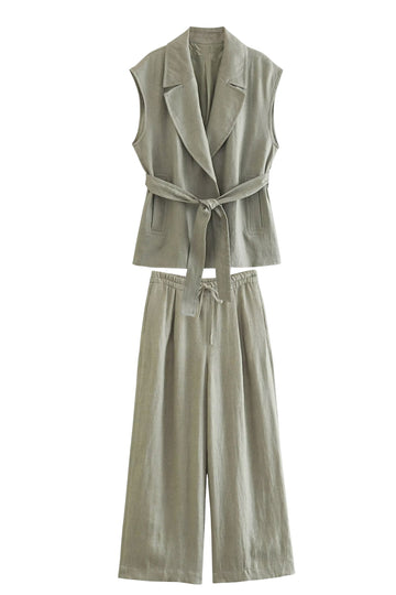 Grey Green 2 Piece Notched Lpael Sleeveless Women Formal Suits