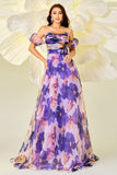 Purple Floral Printed A Line Detachable Sleeves Long Formal Dress