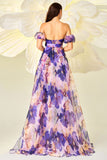 Purple Floral Printed A Line Detachable Sleeves Long Formal Dress