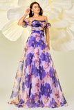 Purple Floral Printed A Line Detachable Sleeves Long Formal Dress