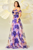 Purple Floral Printed A Line Detachable Sleeves Long Formal Dress